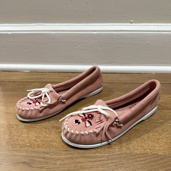 Minnetonka Aztec Moccasins Childrens Thunderbird Light Pink Suede Girls Size 3 - Picture 3 of 8